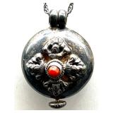 Sterling Silver Locket Pendant Necklace with Red Stone Accent, 16g