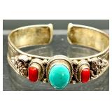 Vintage Sterling Silver Cuff Bracelet with Turquoise and Coral Stones