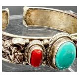 Vintage Sterling Silver Cuff Bracelet with Turquoise and Coral Stones