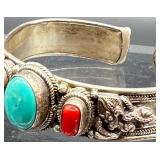 Vintage Sterling Silver Cuff Bracelet with Turquoise and Coral Stones