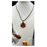 Sterling Silver Amber Pendants with Necklace, Pendant and Artisan Crafted Brass Cuff Bracelet Lot