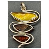 Sterling Silver Amber Pendants with Necklace, Pendant and Artisan Crafted Brass Cuff Bracelet Lot