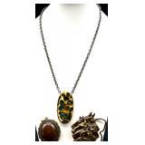 Group of 3 Jewelry Pieces: Handmade Dandy Statement Necklace, Ornate Brown Cabochon Pendant, Bergamot Brass Works 1976 Horse Head Belt Buckle