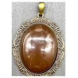 Group of 3 Jewelry Pieces: Handmade Dandy Statement Necklace, Ornate Brown Cabochon Pendant, Bergamot Brass Works 1976 Horse Head Belt Buckle