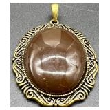 Group of 3 Jewelry Pieces: Handmade Dandy Statement Necklace, Ornate Brown Cabochon Pendant, Bergamot Brass Works 1976 Horse Head Belt Buckle