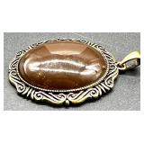 Group of 3 Jewelry Pieces: Handmade Dandy Statement Necklace, Ornate Brown Cabochon Pendant, Bergamot Brass Works 1976 Horse Head Belt Buckle