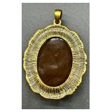 Group of 3 Jewelry Pieces: Handmade Dandy Statement Necklace, Ornate Brown Cabochon Pendant, Bergamot Brass Works 1976 Horse Head Belt Buckle