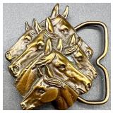 Group of 3 Jewelry Pieces: Handmade Dandy Statement Necklace, Ornate Brown Cabochon Pendant, Bergamot Brass Works 1976 Horse Head Belt Buckle