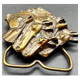 Group of 3 Jewelry Pieces: Handmade Dandy Statement Necklace, Ornate Brown Cabochon Pendant, Bergamot Brass Works 1976 Horse Head Belt Buckle