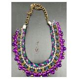 ZAD Statement Necklace with Purple Beads and Vintage-Style Sterling Silver 925 Stamped Amethyst Drop Pendant