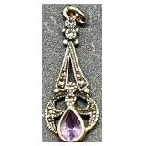 ZAD Statement Necklace with Purple Beads and Vintage-Style Sterling Silver 925 Stamped Amethyst Drop Pendant