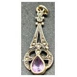ZAD Statement Necklace with Purple Beads and Vintage-Style Sterling Silver 925 Stamped Amethyst Drop Pendant