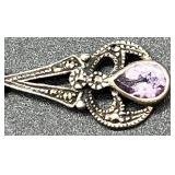 ZAD Statement Necklace with Purple Beads and Vintage-Style Sterling Silver 925 Stamped Amethyst Drop Pendant