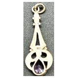 ZAD Statement Necklace with Purple Beads and Vintage-Style Sterling Silver 925 Stamped Amethyst Drop Pendant