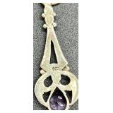 ZAD Statement Necklace with Purple Beads and Vintage-Style Sterling Silver 925 Stamped Amethyst Drop Pendant
