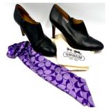 Coach Black Leather High Heel Booties Size 9 with Purple Coach Scarf and Dust Bag