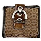 Coach Signature Brown Leather and Canvas Wallet with Buckle Accent