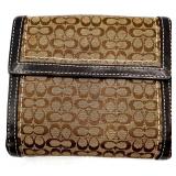 Coach Signature Brown Leather and Canvas Wallet with Buckle Accent