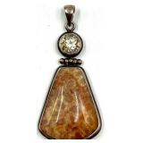Sterling Silver Pendant with Polished Fossil Coral and Faceted Gemstone, 22g