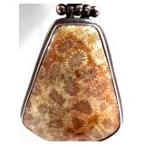 Sterling Silver Pendant with Polished Fossil Coral and Faceted Gemstone, 22g