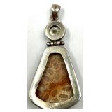 Sterling Silver Pendant with Polished Fossil Coral and Faceted Gemstone, 22g