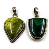 Set of 2 Sterling Silver Gemstone Pendants with Malachite and Green Stone