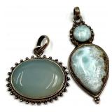 Lot of 2 Sterling Silver Gemstone Pendants with Larimar and Blue Chalcedony SEE ALL PHOTOS