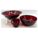 Set of Vintage Ruby Red Glass Bowls and Creamer