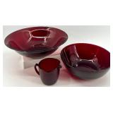 Set of Vintage Ruby Red Glass Bowls and Creamer