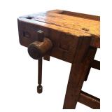 LL - Primitive Style Vintage Wooden Workbench with Vise