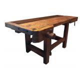LL - Primitive Style Vintage Wooden Workbench with Vise