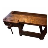LL - Primitive Style Vintage Wooden Workbench with Vise