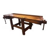 LL - Primitive Style Vintage Wooden Workbench with Vise