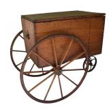 LL - Antique Wooden Cart with Large Spoked Wheels and Storage Compartment