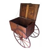 LL - Antique Wooden Cart with Large Spoked Wheels and Storage Compartment