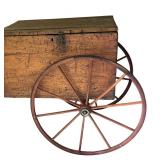 LL - Antique Wooden Cart with Large Spoked Wheels and Storage Compartment