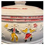 L - Vintage Red Wing Pottery Dancing Peasants Covered Pot