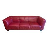 LR - Vintage Red Leather Sofa with Metal Legs