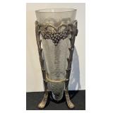 L - Vintage Glass Vase with Ornate Metal Stand and Grapevine Motif