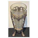 L - Vintage Glass Vase with Ornate Metal Stand and Grapevine Motif