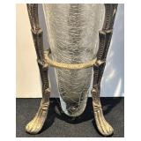 L - Vintage Glass Vase with Ornate Metal Stand and Grapevine Motif