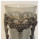 L - Vintage Glass Vase with Ornate Metal Stand and Grapevine Motif