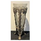 L - Vintage Glass Vase with Ornate Metal Stand and Grapevine Motif