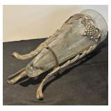 L - Vintage Glass Vase with Ornate Metal Stand and Grapevine Motif