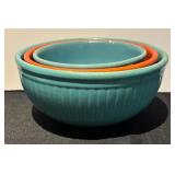 L - Set of 3 Vintage Ribbed Nesting Bowls Turquoise and Orange