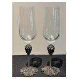 L - Pair of Baker Art Foundry Champagne Flutes with Decorative Pewter Stems
