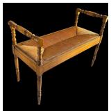 LR - Vintage Wooden Bench with Caned Seat and Turned Arms