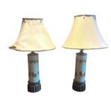 U - Pair of Vintage Table Lamps with Sculpted Base and Metallic Leaf Design