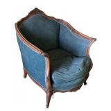 U - Vintage Carved Wood Chair with Green Upholstery