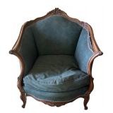 U - Vintage Carved Wood Chair with Green Upholstery